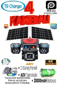 4 Kameralı E-SIM Güneş Enerjili Güvenlik Kamerası – Çift Güneş Paneli, SIM Kartlı AOV Akıllı Kamera